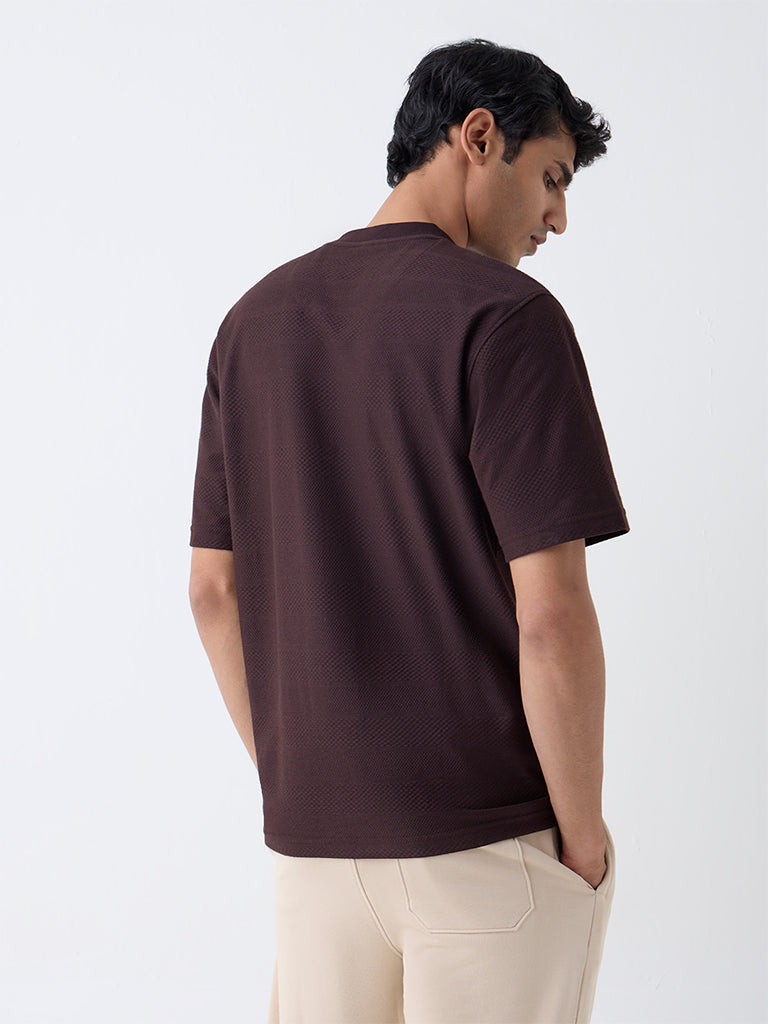 WES Lounge Dark Brown Self-Textured Relaxed-Fit T-Shirt
