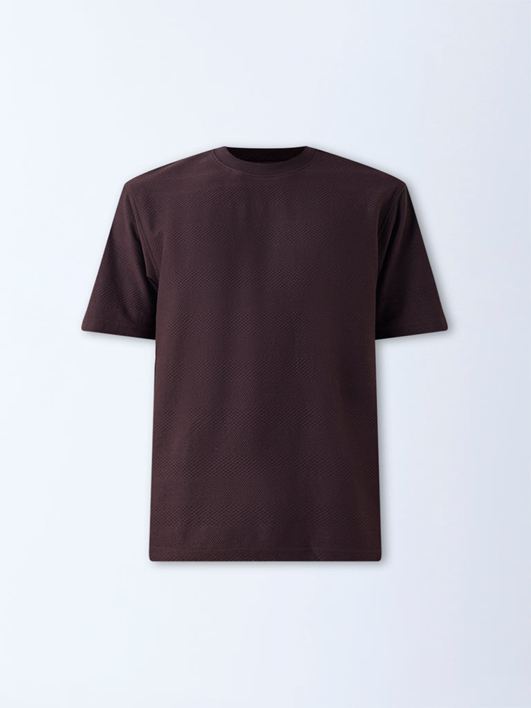 WES Lounge Dark Brown Self-Textured Relaxed-Fit T-Shirt