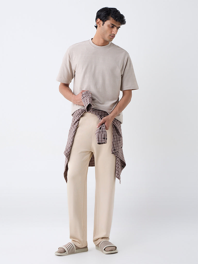 WES Lounge Taupe Self-Textured Relaxed-Fit T-Shirt