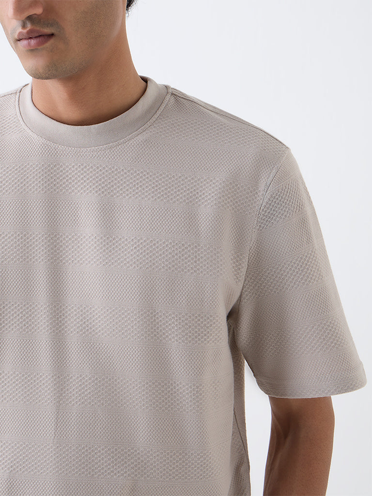 WES Lounge Taupe Self-Textured Relaxed-Fit T-Shirt