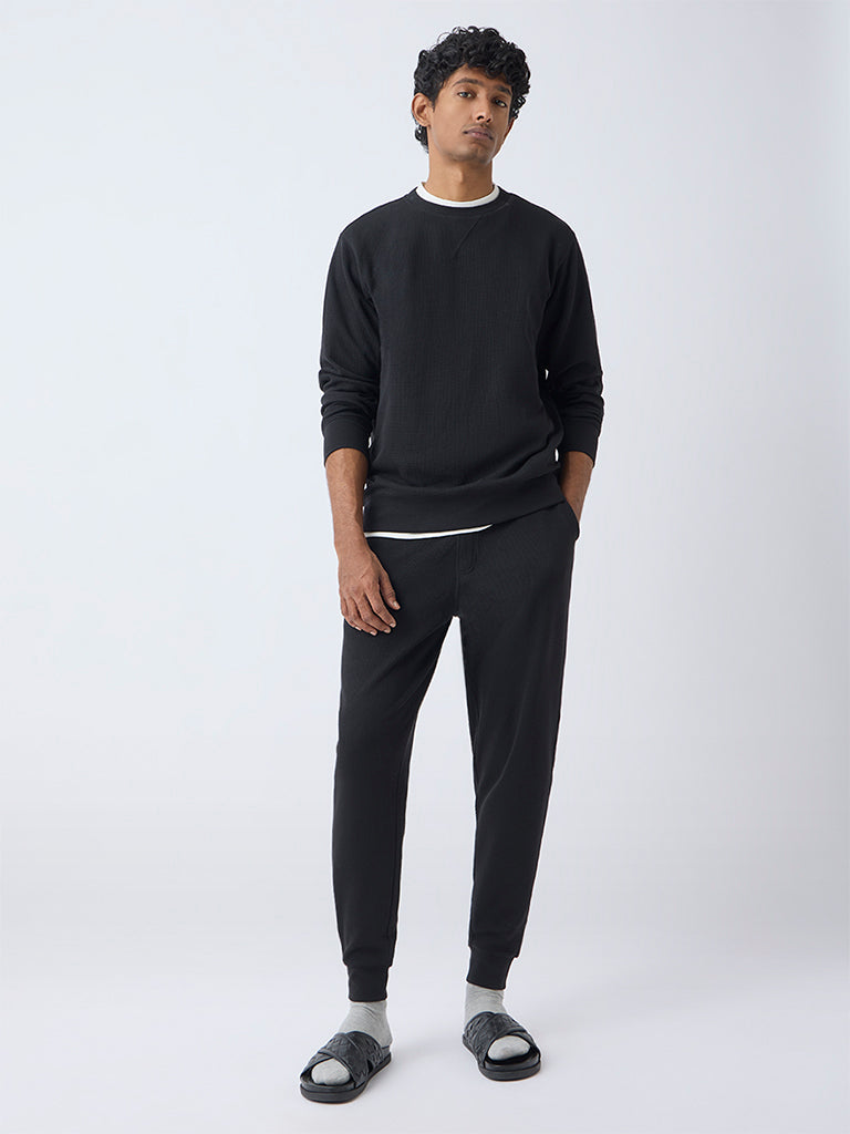 WES Lounge Black Textured Relaxed-Fit Cotton-Blend Sweatshirt