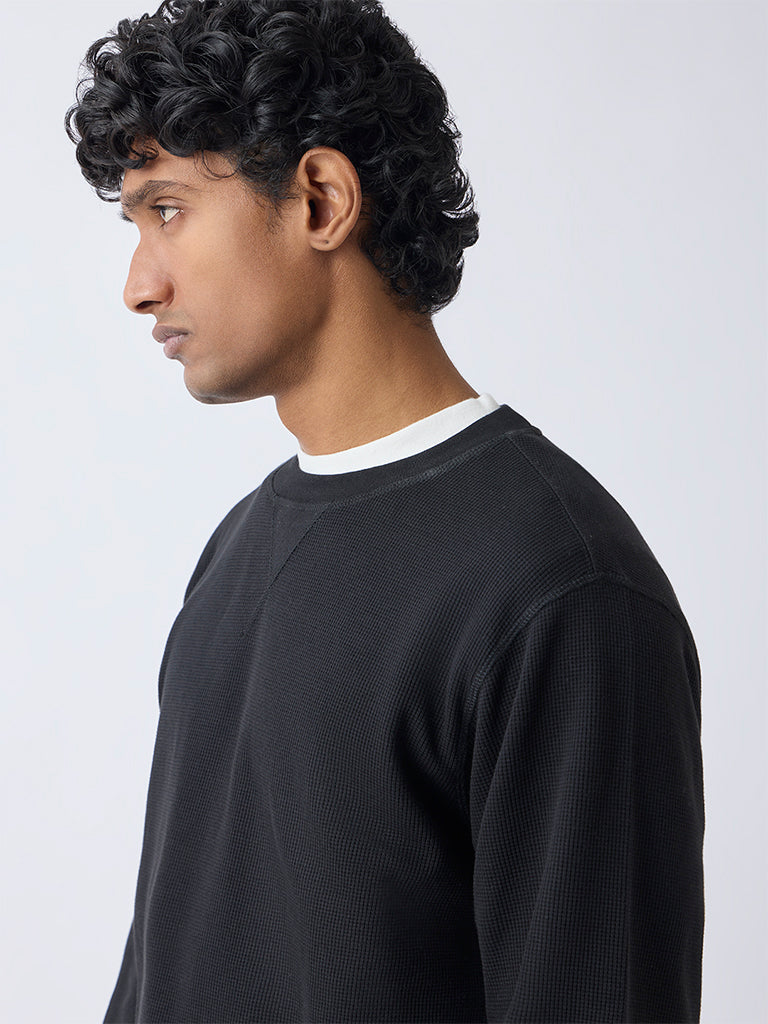 WES Lounge Black Textured Relaxed-Fit Cotton-Blend Sweatshirt