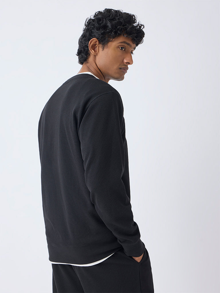 WES Lounge Black Textured Relaxed-Fit Cotton-Blend Sweatshirt