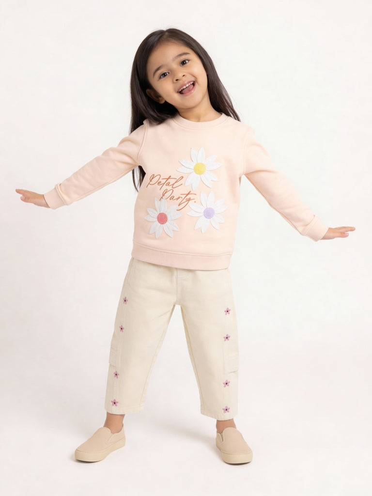 HOP Kids Girls Cream Embroidered Relaxed-Fit High-Rise Jeans