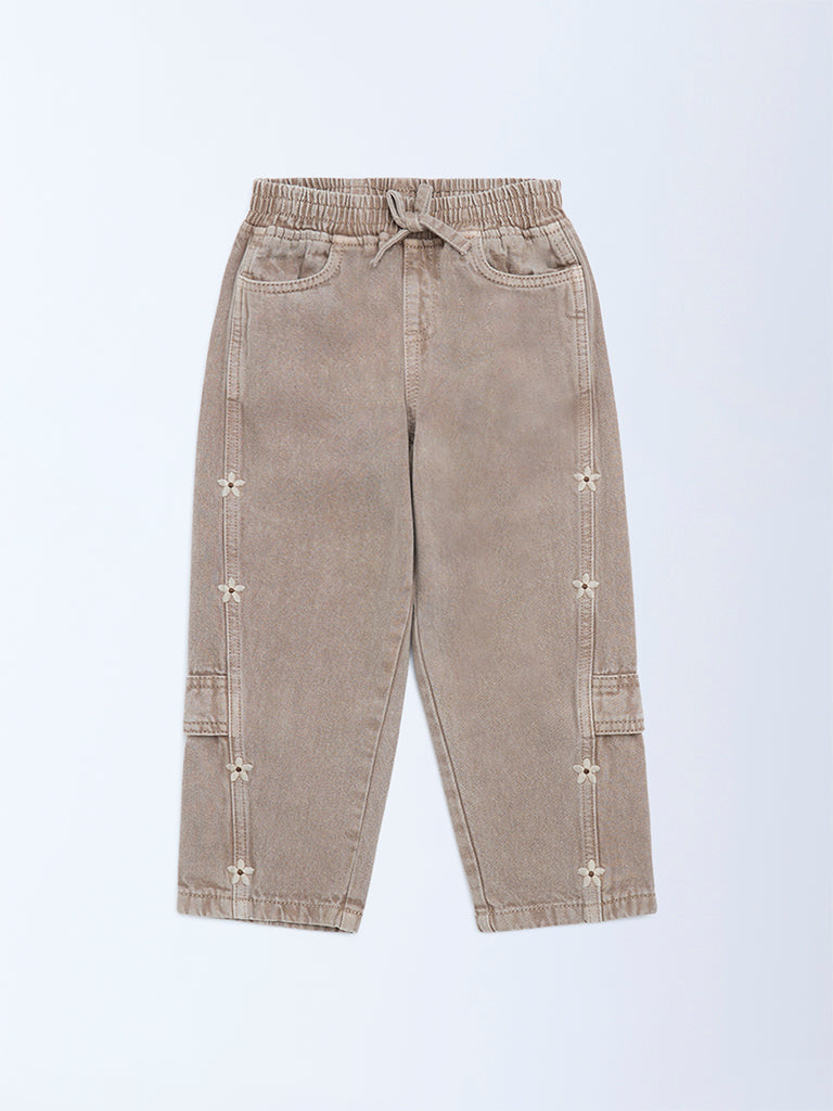 HOP Kids Girls Brown Floral Embroidered High-Rise Jeans