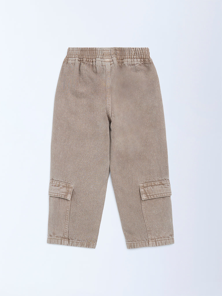 HOP Kids Girls Brown Floral Embroidered High-Rise Jeans