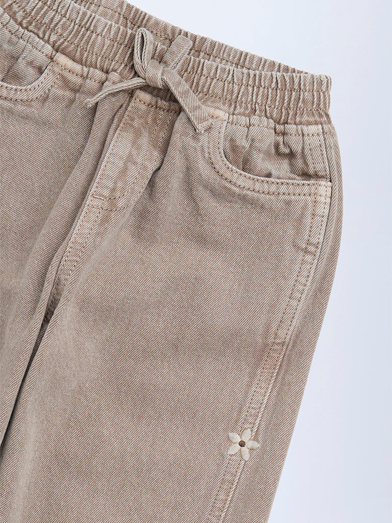 HOP Kids Girls Brown Floral Embroidered High-Rise Jeans