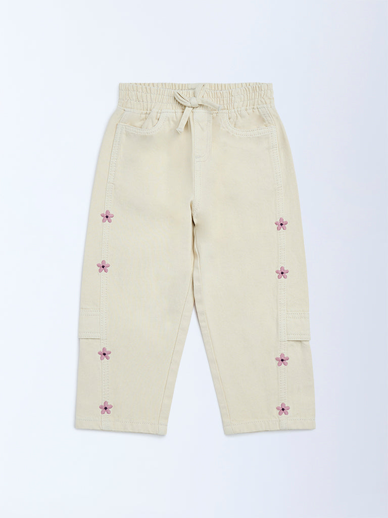 HOP Kids Girls Cream Embroidered Relaxed-Fit High-Rise Jeans