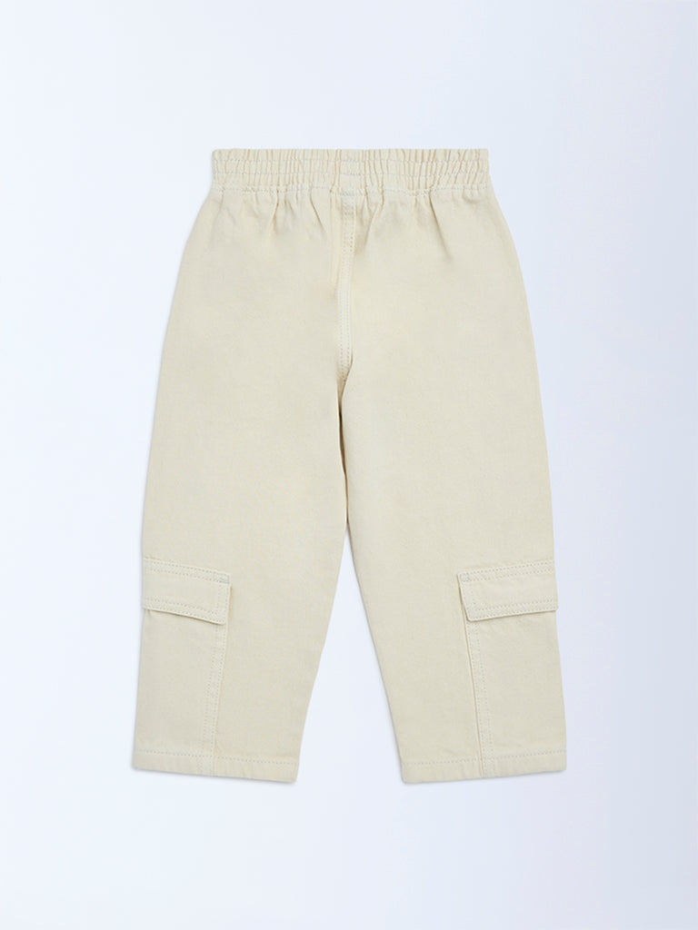 HOP Kids Girls Cream Embroidered Relaxed-Fit High-Rise Jeans