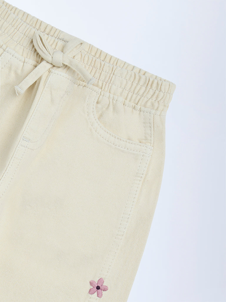 HOP Kids Girls Cream Embroidered Relaxed-Fit High-Rise Jeans
