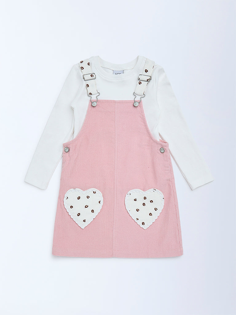 HOP Kids Girls Pink Corduroy Pinafore with T-Shirt Set