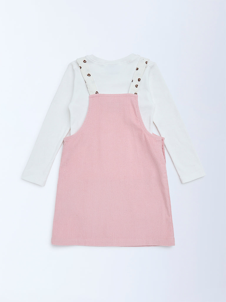 HOP Kids Girls Pink Corduroy Pinafore with T-Shirt Set