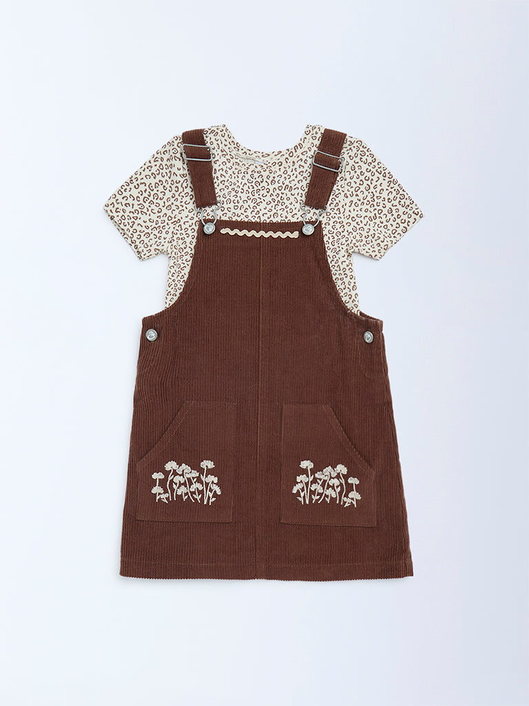 HOP Kids Girls Dark Brown Corduroy Pinafore with T-Shirt Set