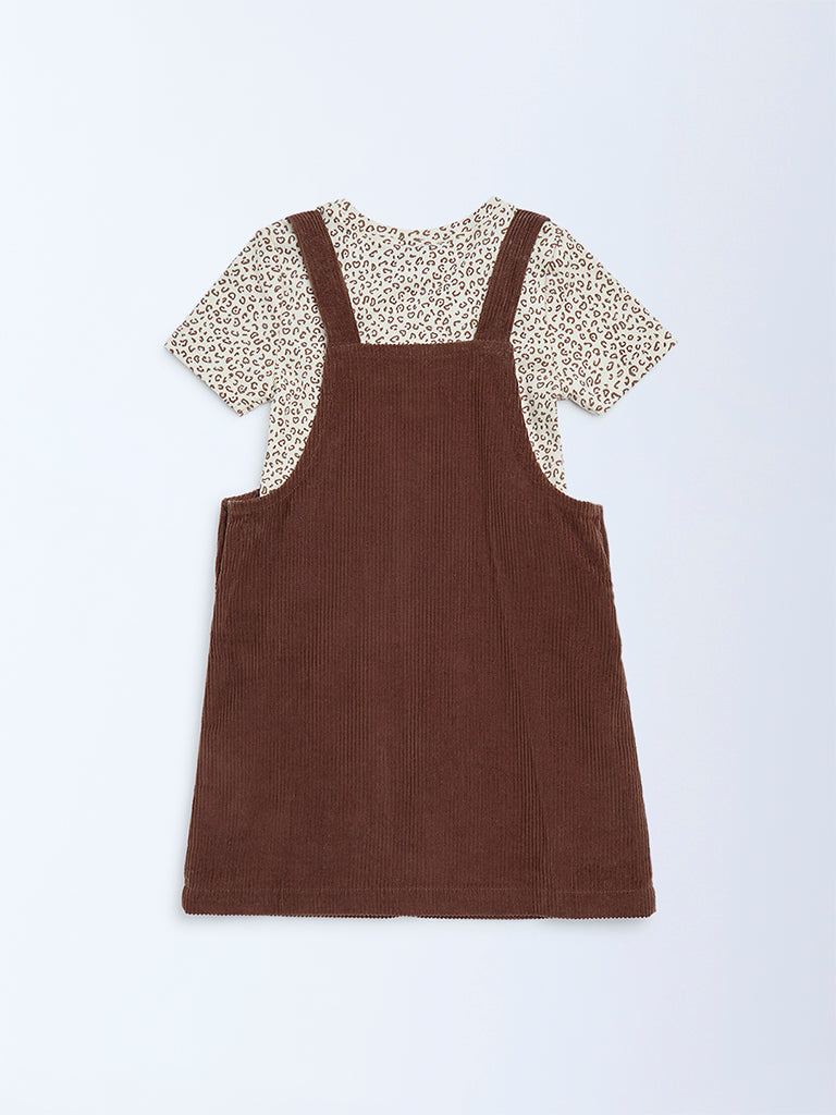 HOP Kids Girls Dark Brown Corduroy Pinafore with T-Shirt Set