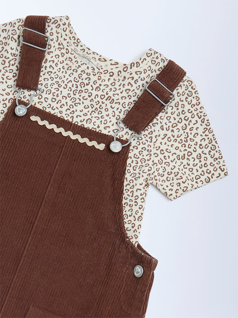 HOP Kids Girls Dark Brown Corduroy Pinafore with T-Shirt Set