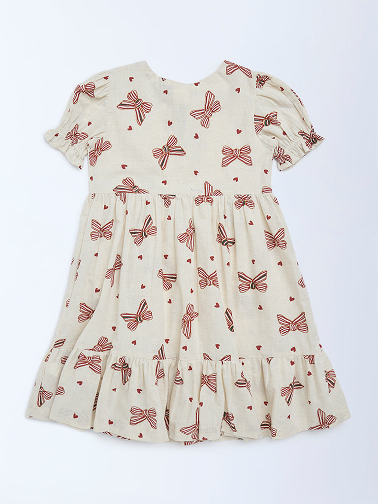 Utsa Kids Girls Off-White Bow-Printed A-Line Cotton-Blend Dress - (8-14 yrs)