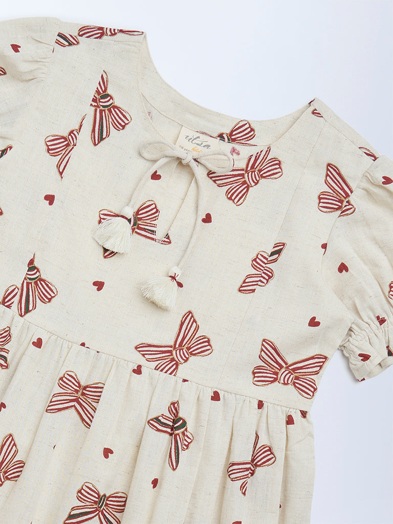 Utsa Kids Girls Off-White Bow-Printed A-Line Cotton-Blend Dress - (8-14 yrs)