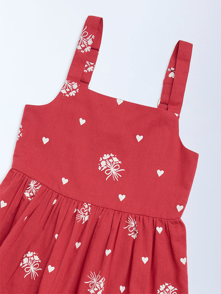 Utsa Kids Girls Red Printed A-Line Cotton-Blend Dress - (2-8 yrs)