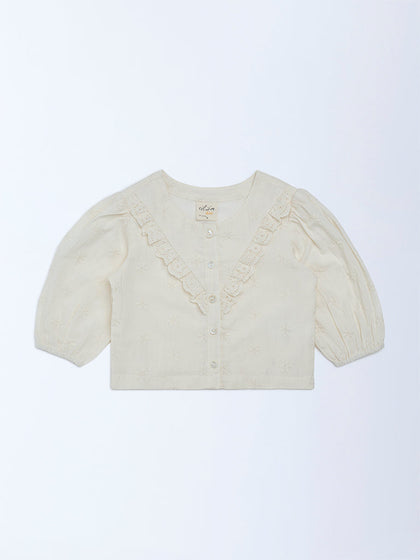 Utsa Kids Girls Off-White Schiffli Embroidered Cotton Top - (2-8 yrs)