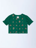 Utsa Kids Girls Jade Green Floral Embroidered Cotton-Blend Top - (2-8 yrs)