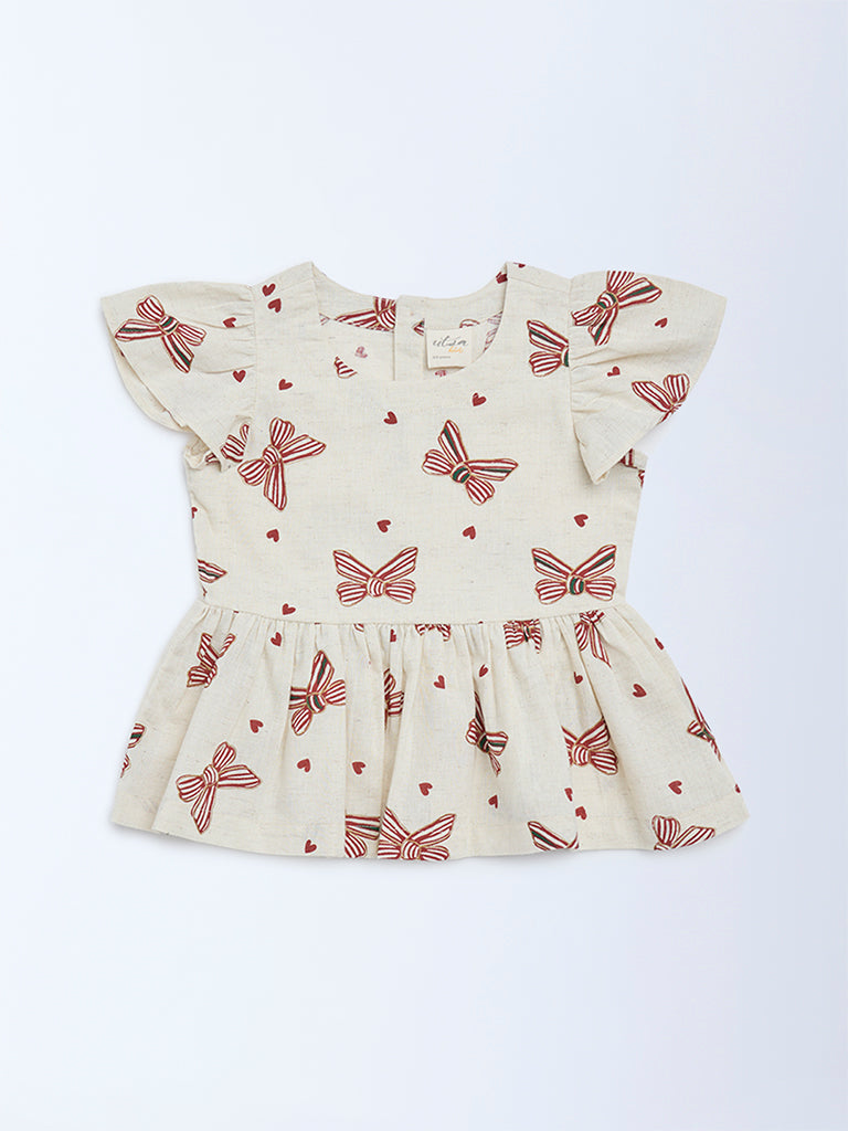 Utsa Kids Girls Off-White Printed Cotton-Blend Top - (2-8 yrs)