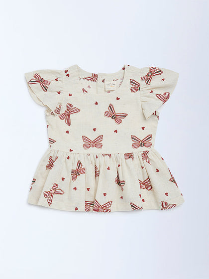 Utsa Kids Girls Off-White Printed Cotton-Blend Top - (2-8 yrs)