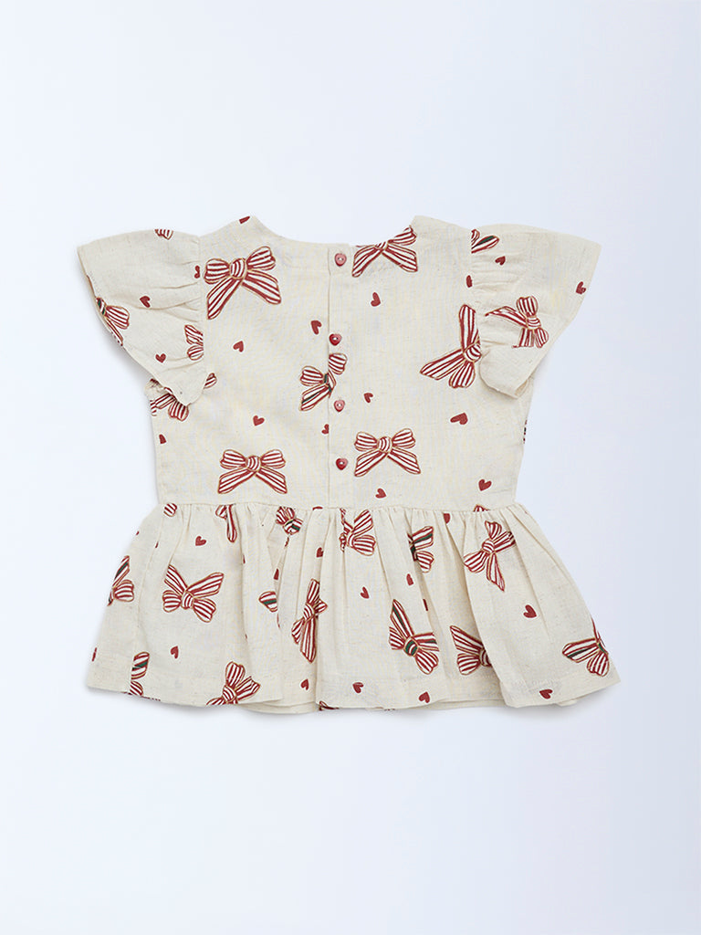 Utsa Kids Girls Off-White Printed Cotton-Blend Top - (2-8 yrs)