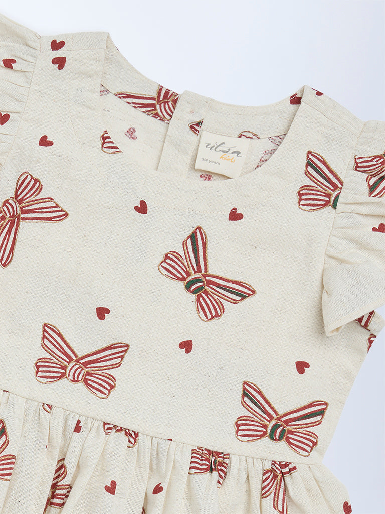 Utsa Kids Girls Off-White Printed Cotton-Blend Top - (2-8 yrs)