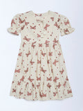 Utsa Kids Girls Off-White Bow-Printed A-Line Cotton-Blend Dress - (2-8 yrs)
