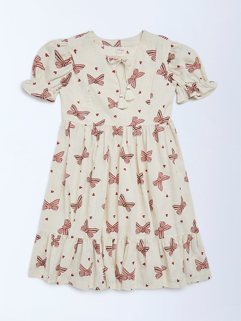Utsa Kids Girls Off-White Bow-Printed A-Line Cotton-Blend Dress - (2-8 yrs)