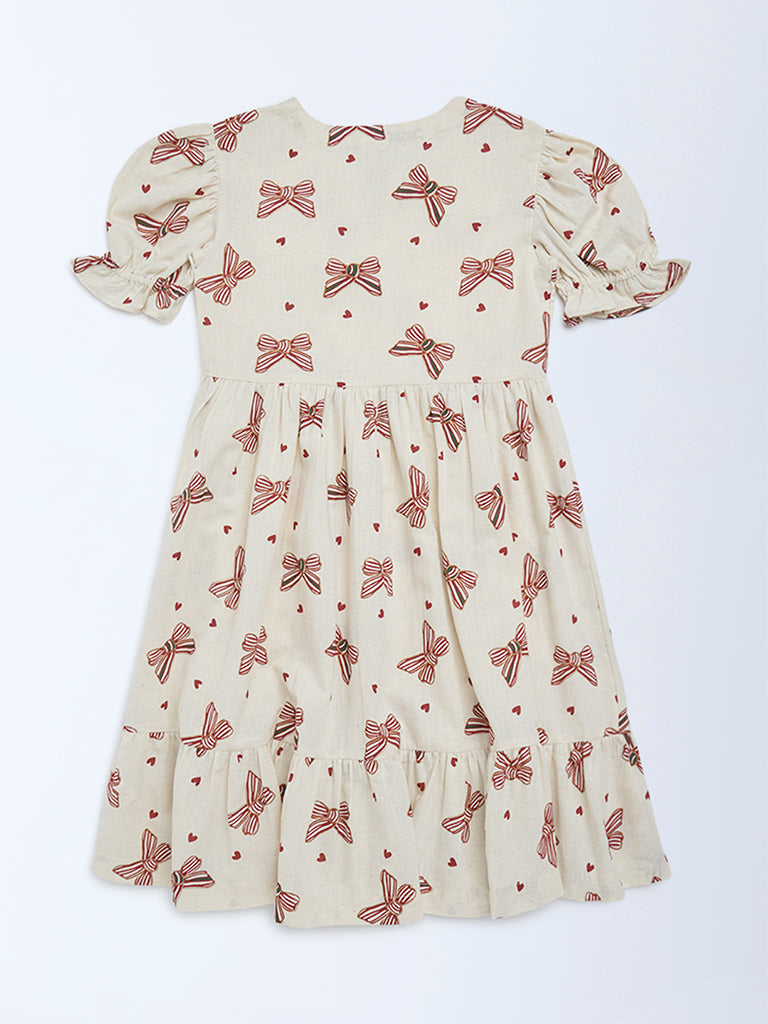 Utsa Kids Girls Off-White Bow-Printed A-Line Cotton-Blend Dress - (2-8 yrs)