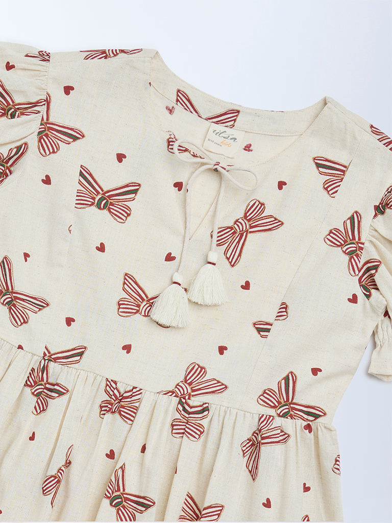 Utsa Kids Girls Off-White Bow-Printed A-Line Cotton-Blend Dress - (2-8 yrs)
