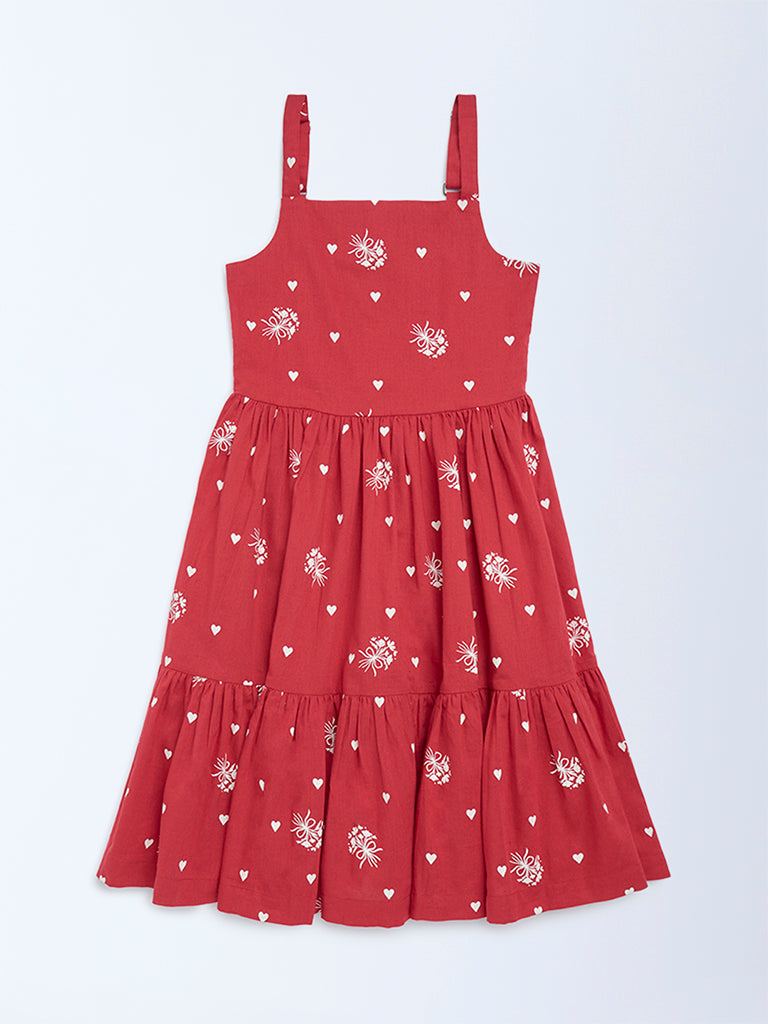 Utsa Kids Girls Red Printed A-Line Cotton-Blend Dress - (8-14 yrs)