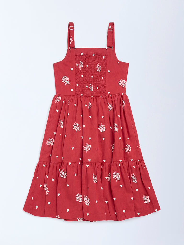 Utsa Kids Girls Red Printed A-Line Cotton-Blend Dress - (8-14 yrs)
