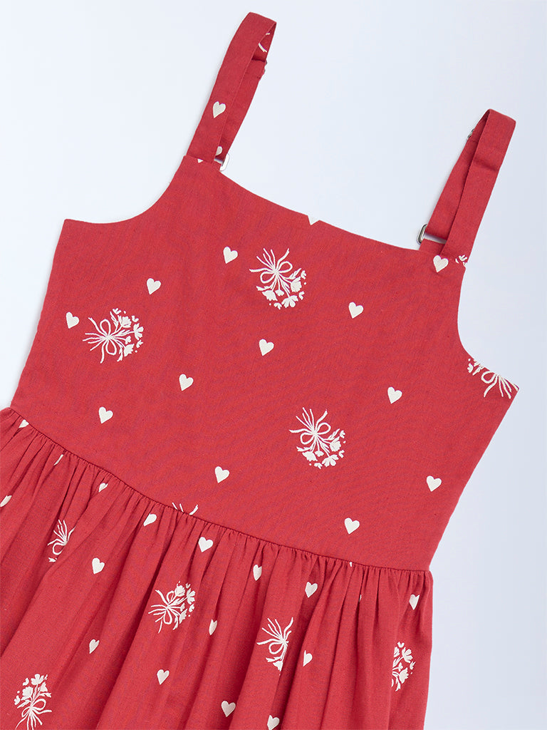 Utsa Kids Girls Red Printed A-Line Cotton-Blend Dress - (8-14 yrs)