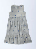 Utsa Kids Girls Grey Striped Cotton-Blend Tiered Dress - (8-14 yrs)