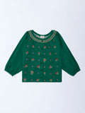 Utsa Kids Girls Jade Green Floral Embroidered Cotton-Blend Top - (8-14 yrs)