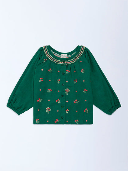 Utsa Kids Girls Jade Green Floral Embroidered Cotton-Blend Top - (8-14 yrs)