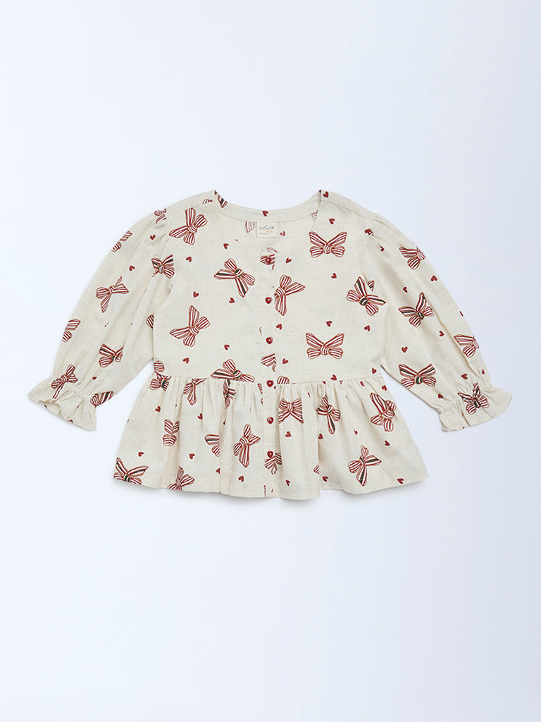 Utsa Kids Girls Off-White Printed Cotton-Blend Top - (8-14 yrs)