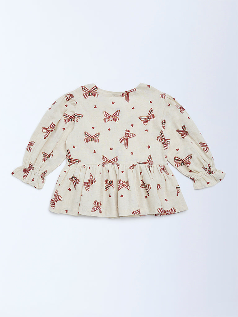 Utsa Kids Girls Off-White Printed Cotton-Blend Top - (8-14 yrs)