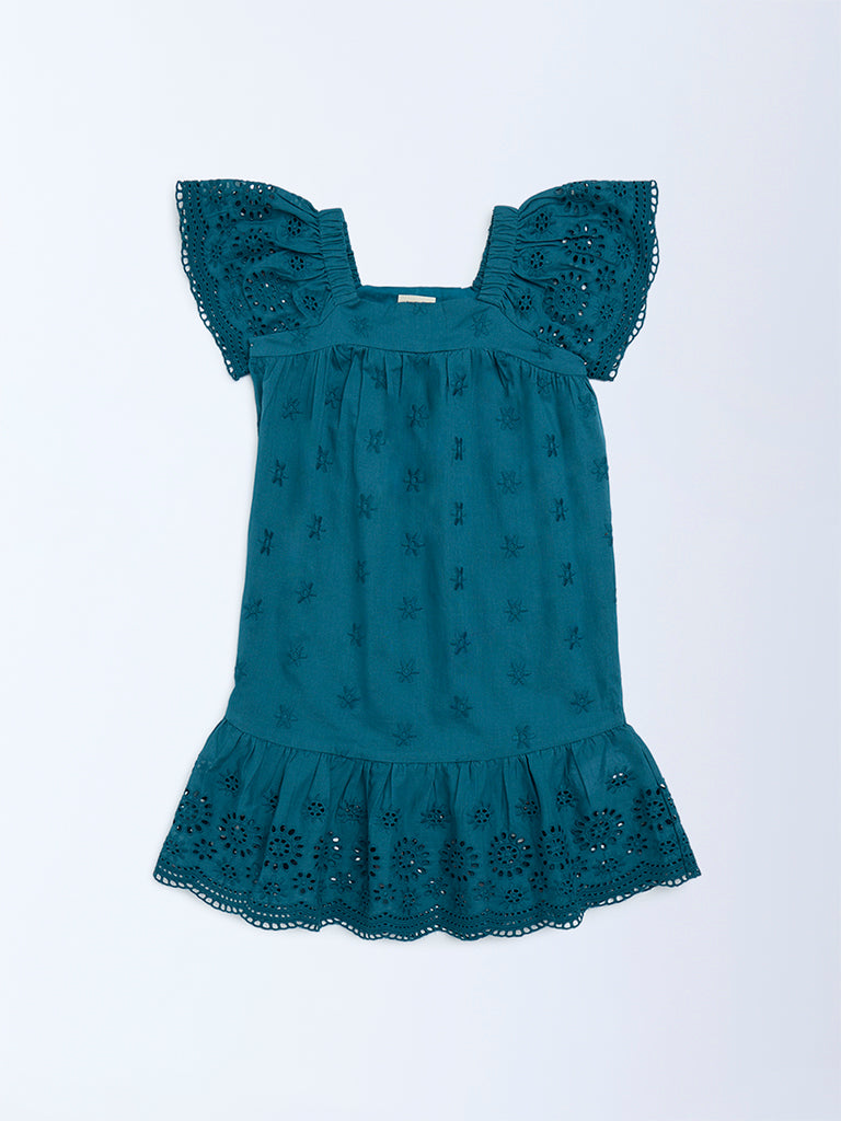 Utsa Kids Girls Teal Schiffli Drop-Waist Cotton Dress (2-8 yrs)