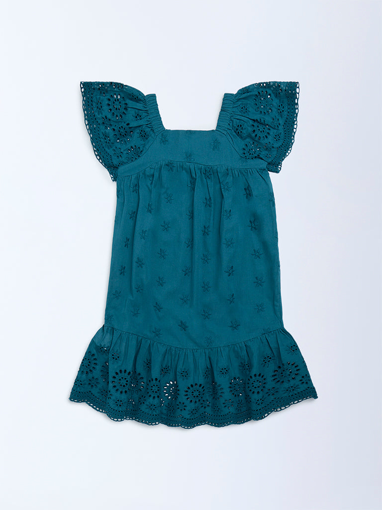 Utsa Kids Girls Teal Schiffli Drop-Waist Cotton Dress (2-8 yrs)