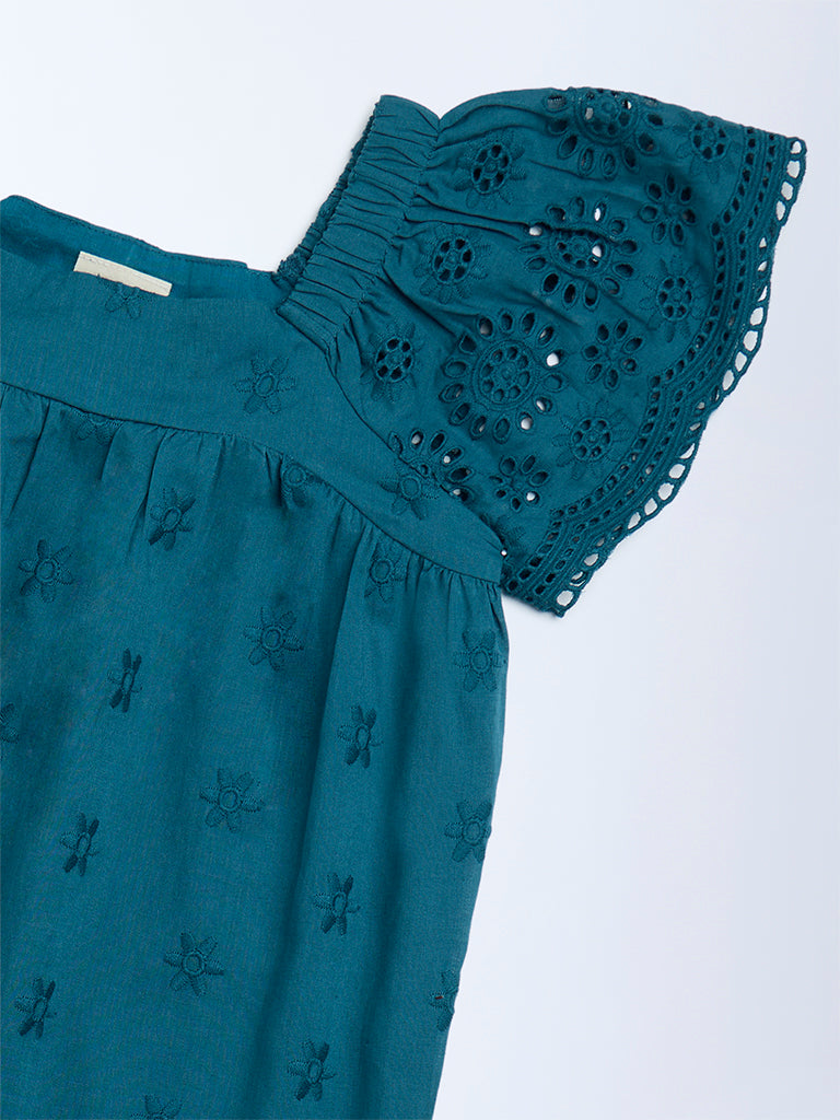 Utsa Kids Girls Teal Schiffli Drop-Waist Cotton Dress (2-8 yrs)