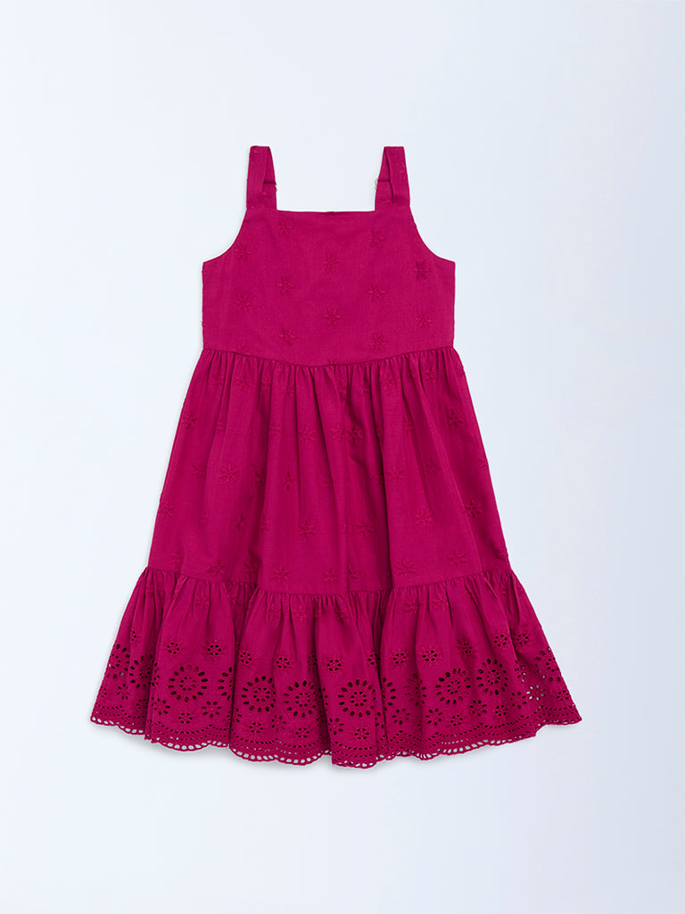 Utsa Kids Girls Magenta Schiffli Tiered Cotton Dress (2-8 yrs)