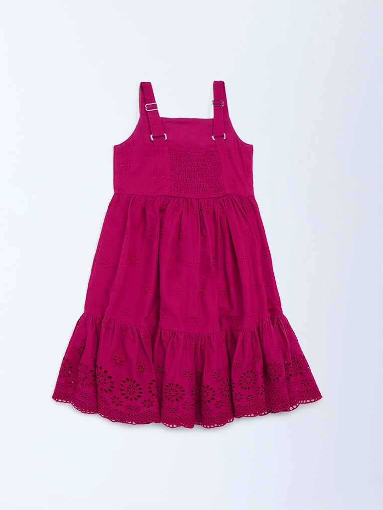 Utsa Kids Girls Magenta Schiffli Tiered Cotton Dress (2-8 yrs)