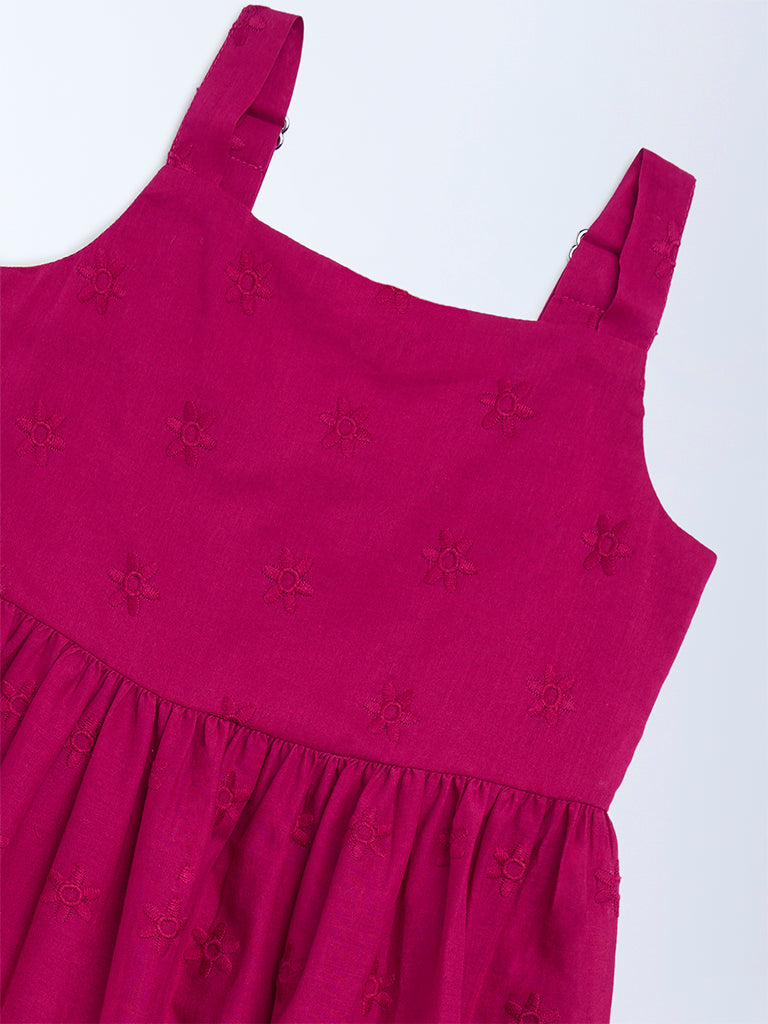 Utsa Kids Girls Magenta Schiffli Tiered Cotton Dress (2-8 yrs)