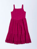 Utsa Kids Girls Magenta Schiffli Tiered Cotton Dress (8-14 yrs)