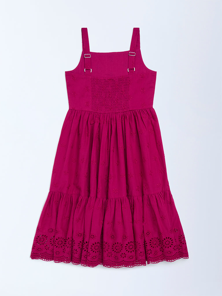 Utsa Kids Girls Magenta Schiffli Tiered Cotton Dress (8-14 yrs)