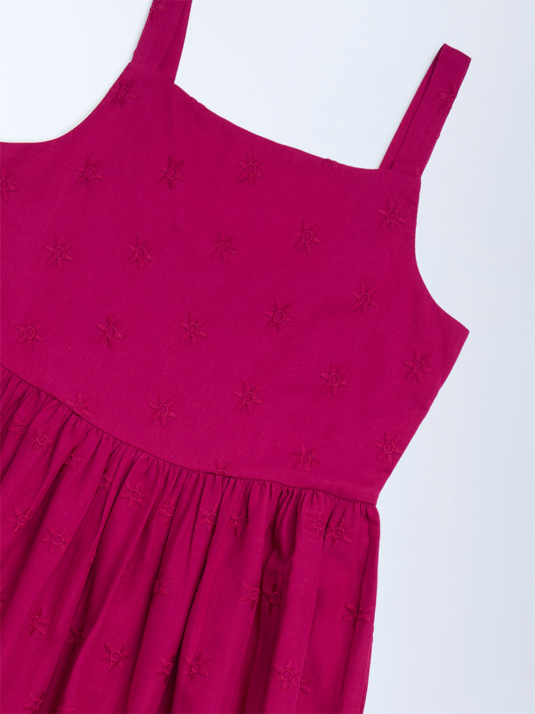Utsa Kids Girls Magenta Schiffli Tiered Cotton Dress (8-14 yrs)