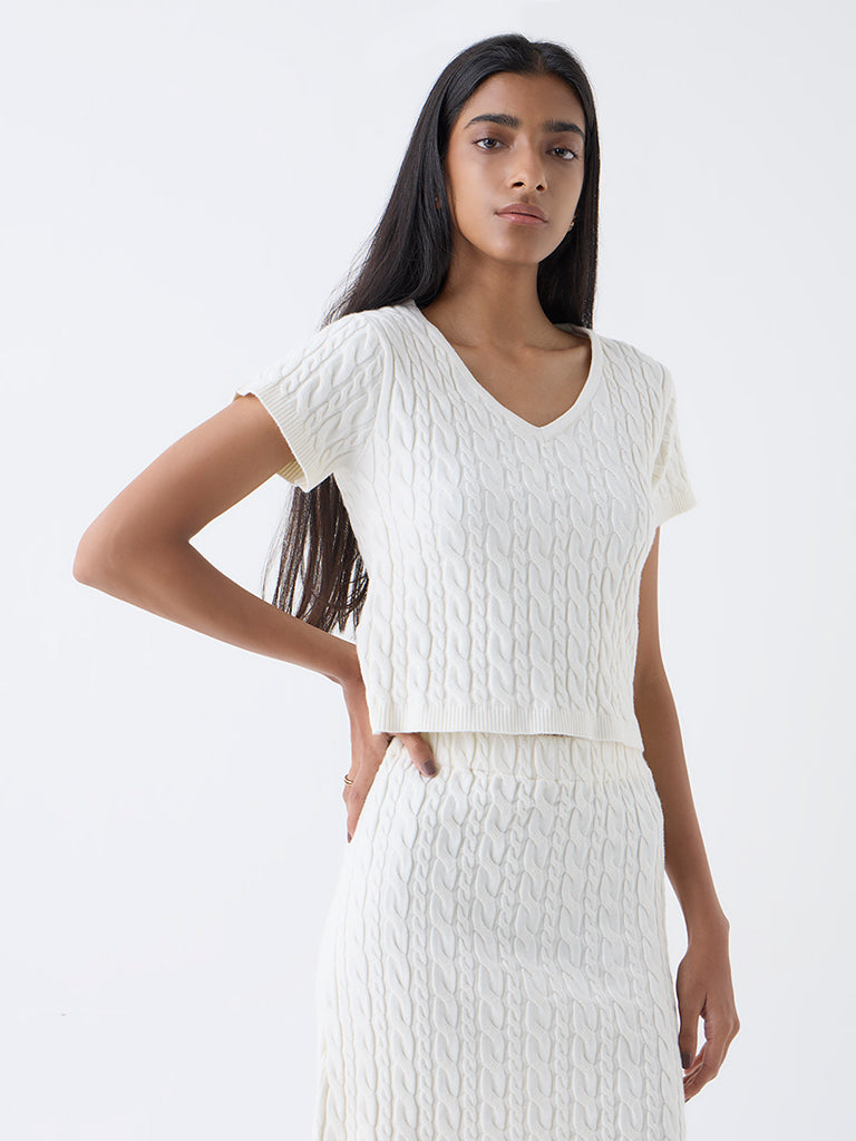 Studiofit Off-White Cable Knitted Top